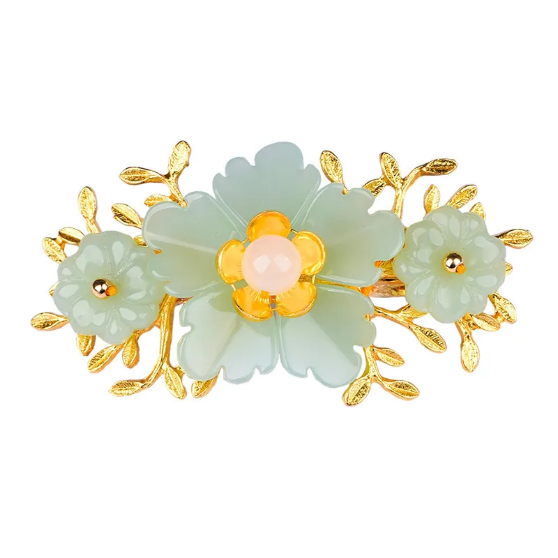 Hair Clips - Green Jade Flower Barrette Designer Hairpin